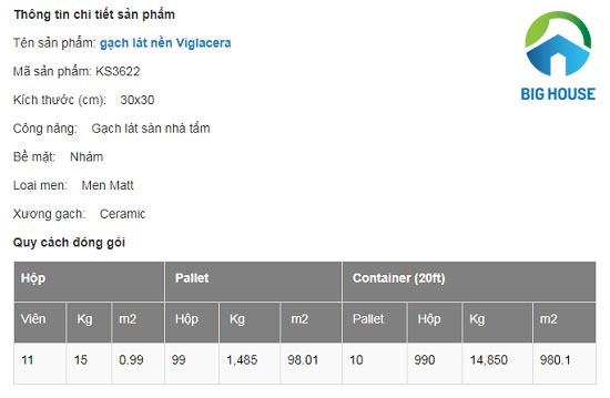Thông tin chi tiết gạch KS3622 cùng quy cách đóng gói chuẩn Gạch lát nền Viglacera KS3622