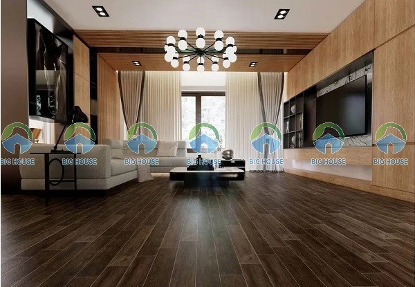 Phòng khách sử dụng gạch giả gỗ tông nâu đẹp mắt và hiện đại