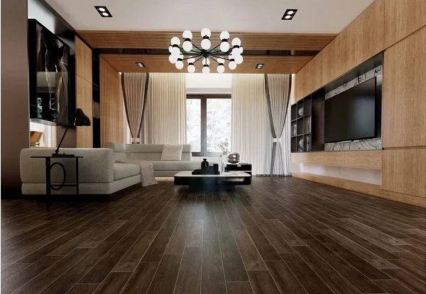 Phòng khách sử dụng gạch giả gỗ tông nâu đẹp mắt và hiện đại