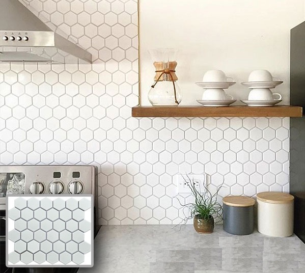Gạch mosaic lục giác màu trắng sử dụng cho nhà bếp ấn tượng