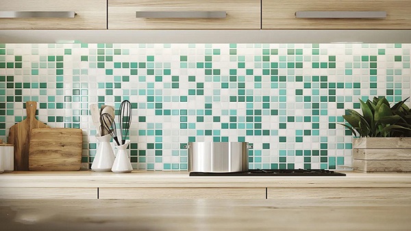 Mẫu gạch mosaic tông trắng xanh cho nhà bếp