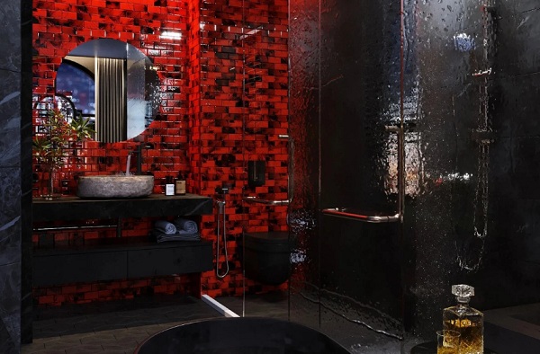 Gạch mosaic màu đỏ ốp nhà tắm vô cùng lạ mắt, ấn tượng