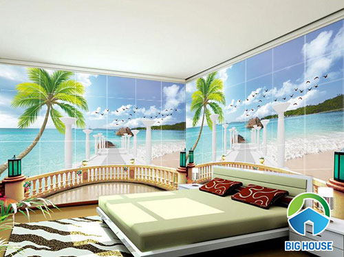 gạch 3D trang trí tường phòng ngủ phong cảnh biển cả