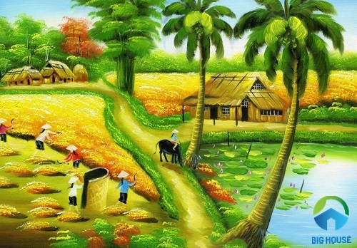 tranh gạch 3d đồng quê hình ảnh rặng dừa nước 