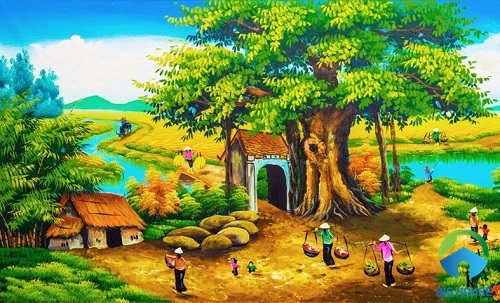 Gạch 3D với hình ảnh cây đa cổng làng đúng hình ảnh của một vùng quê nông thôn