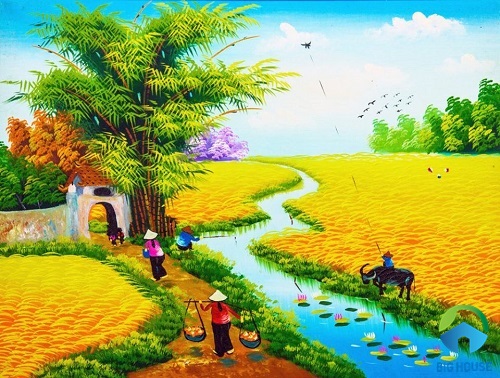 Bức tranh gạch với khung cảnh đồng lúa chín đã quá đỗi quen thuộc với nông thôn Việt Nam 