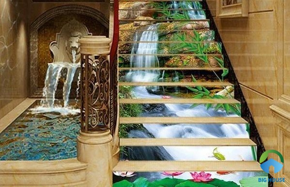 Gạch lát cầu thang 3D phong cảnh thác nước hùng vĩ 