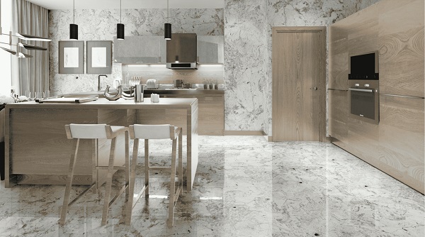 Gạch ốp tường bếp giả đá tông màu trắng sang trọng giúp mở rộng không gian hiệu quả