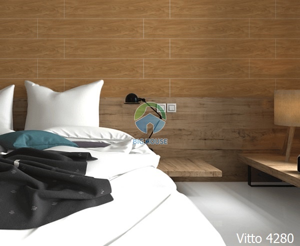 Phòng ngủ sử dụng mẫu gạch ốp giả gỗ dạng thanh sang trọng