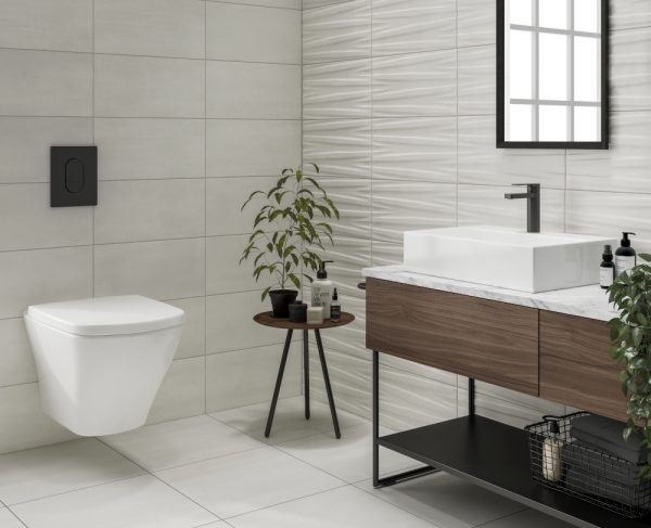 Gạch 25x50 màu trắng ngà kết hợp cùng gạch 3D mang đến nét đẹp cá tính cho phòng vệ sinh