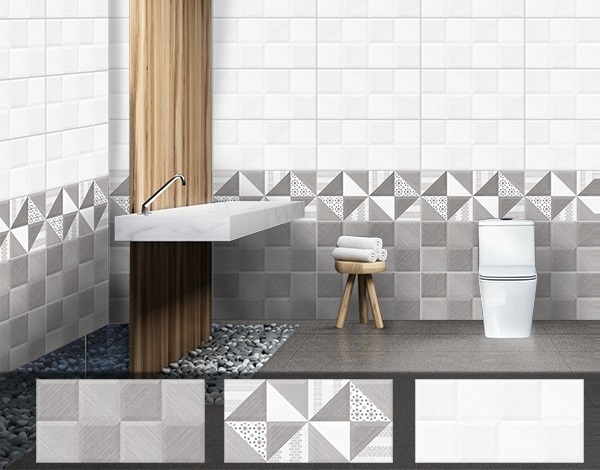 Bộ gạch ốp tường nhà vệ sinh Tasa 30x60 với viên điểm họa tiết hình học ấn tượng