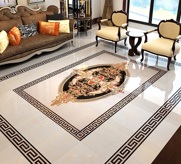 Kết hợp gạch thảm cùng các mẫu gạch viền và gạch vân mây càng làm cho phòng khách nổi bật hơn