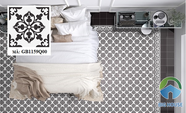 Mẫu gạch bông lát sàn phòng ngủ thật sang trọng với 2 gam màu đen trắng.