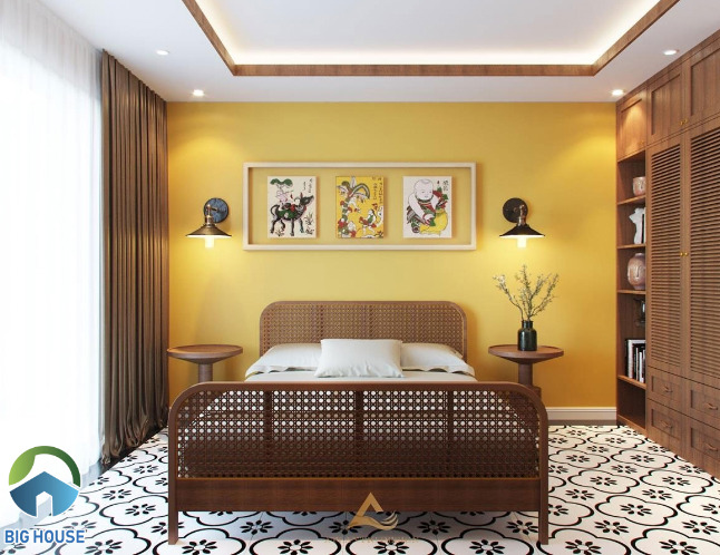 Gạch bông, tường sơn vàng kết hợp cùng nội thất gỗ
