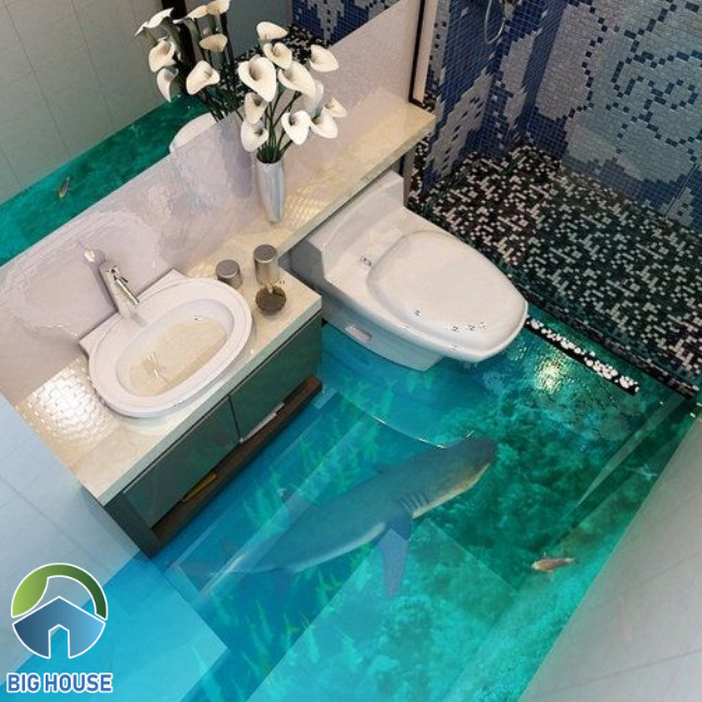 Gạch lát nền nhà tắm 3D mô phỏng bề mặt đại dương xanh