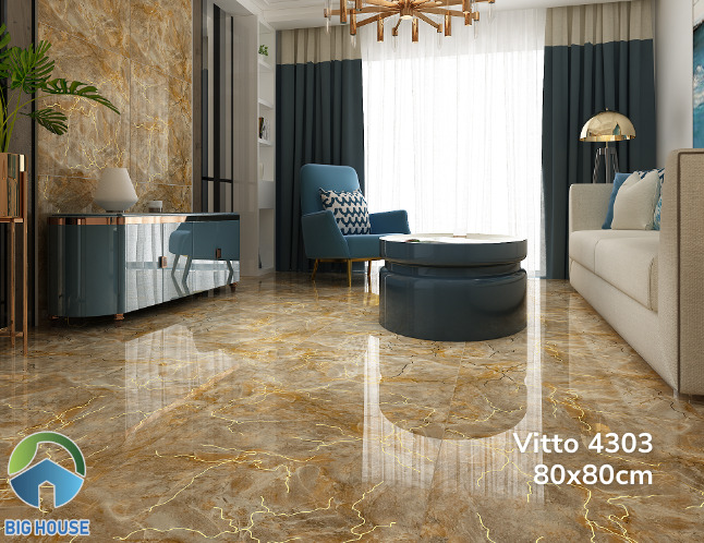 Nếu bạn thích gạch hình vuông có thể tham khảo mẫu gạch Vitto 4303 80x80cm. Gạch có hoạ tiết vân đá marble màu vàng sang trọng, quý phái.