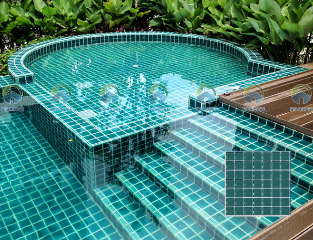 Gạch ốp bể bơi mosaic thuỷ tinh màu xanh rêu