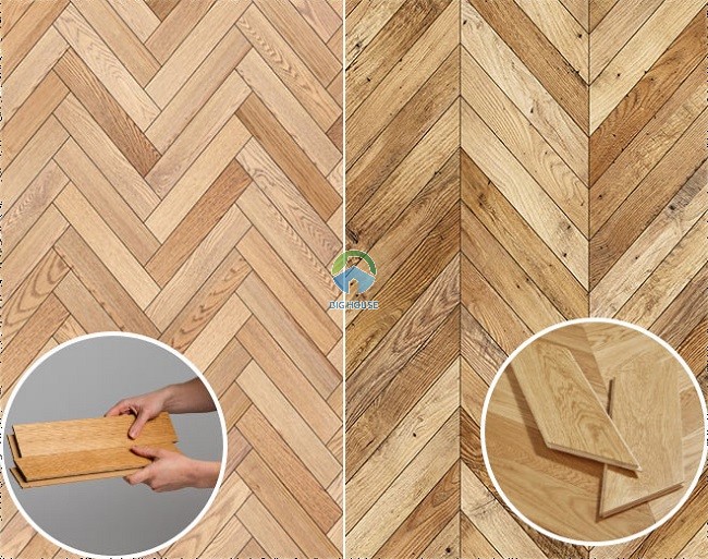 Hình ảnh so sánh giữa hai kiểu lát xương cá herringbone và chevron.